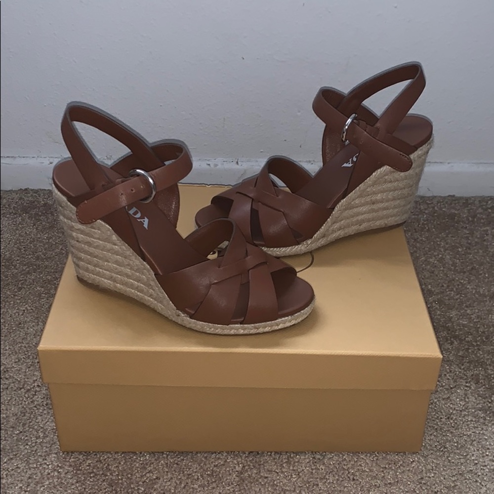 Prada wedge espadrilles with brown leather straps